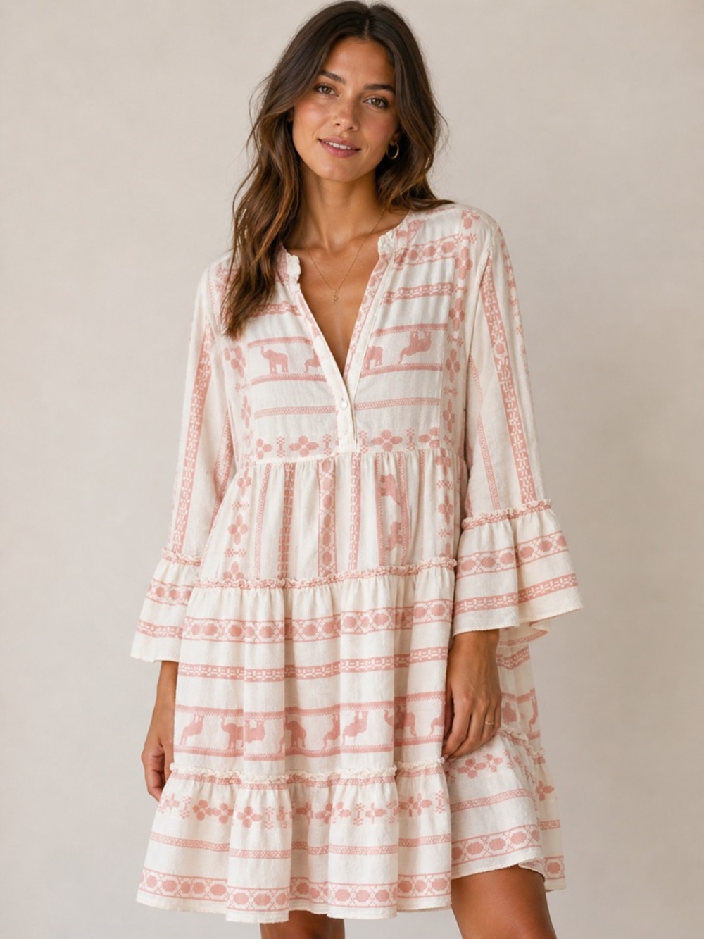 Sofia Boho Cream and Blush Tiered Mini Dress